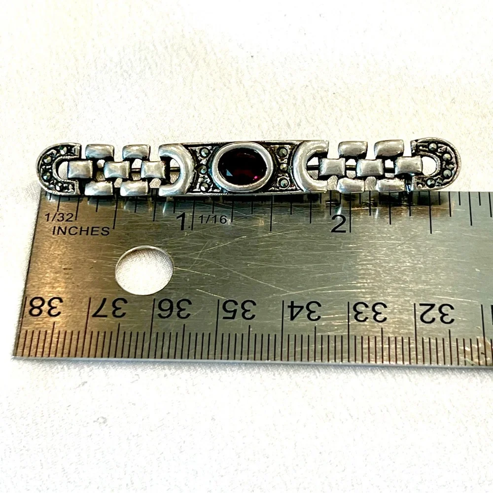 182. Sterling, Garnet and Marcasite Bar Brooch Circa 1980s. Estate Find! - Picture 7 of 8